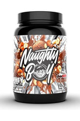 Naughty Boy Whey 100 protein powder tub in chocolate flavor, featuring vibrant packaging and 27g protein per serving.